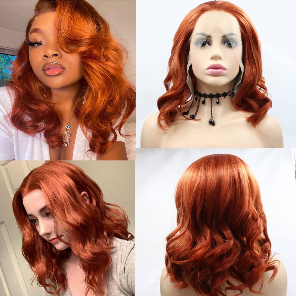xiweiya Wig Short Auburn Copper Red Wig Curly Synthetic Lace Front Wigs Heat Resistant Fiber Red Color Soft Nature Wave Wig with Wig Cap for Women, Drag Queen Cosplay Mera Aquaman Wig 16 Inch โ image 1