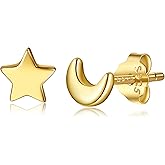 CHIC & ARTSY Solid Real 925 Sterling Silver Satr Moon/Heart Stud Earrings - Dainty Minimalist Stud Earrings - Tiny Cartilage Earrings for Women