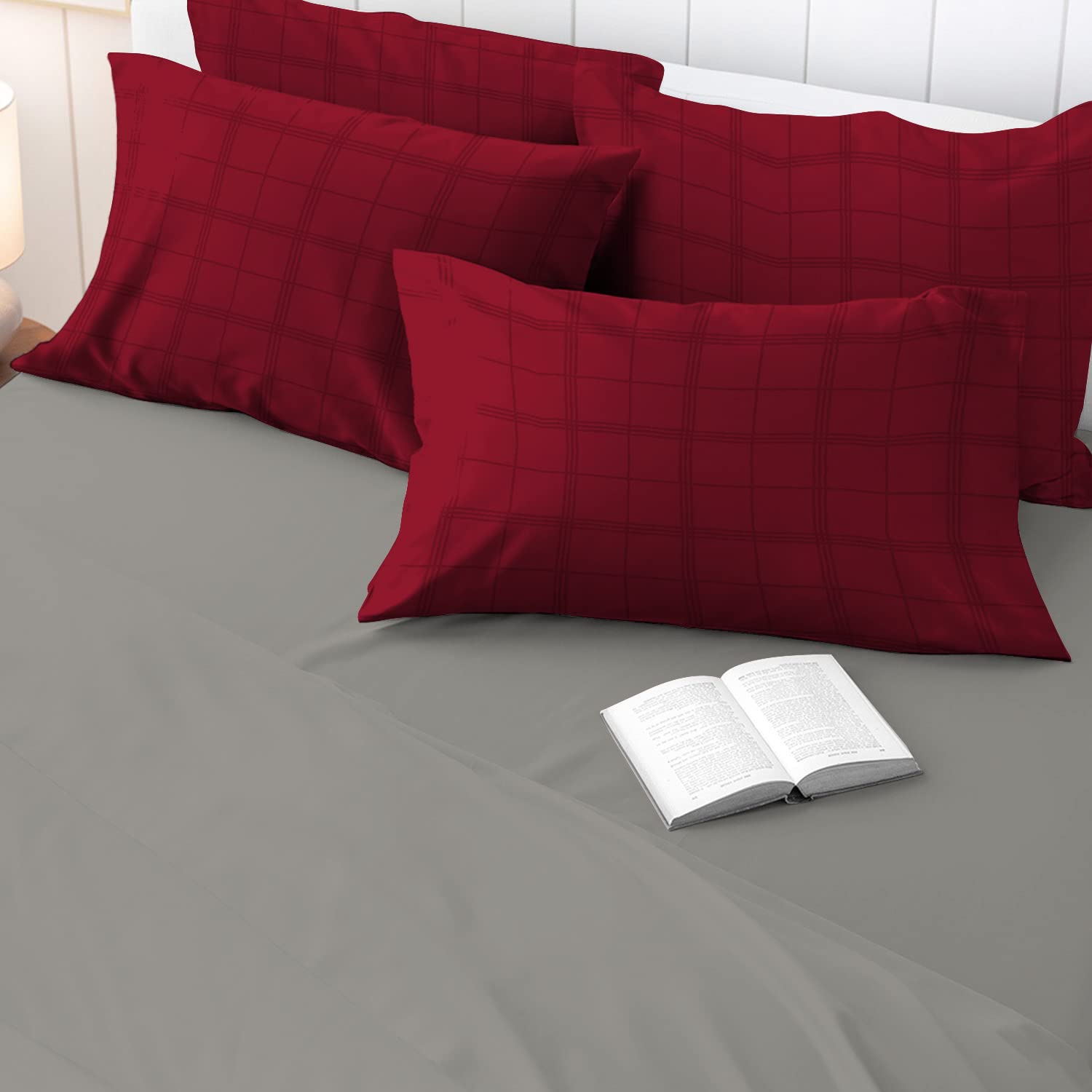 Pizuna 100% Cotton Red Big Checks Housewife Pillowcases 2 Pack, 300 Thread Count Long Staple Combed Cotton Checked Bedding, Sateen Damask Bedding Pillow Case 48x74 (Red Pillow Cases 2 Pack) -