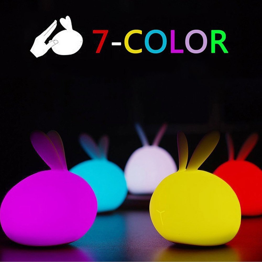 Eschone Cute Baby Kids Children Night Light Soft Silicone Warm Silicone LED Night Lights Tap Control Lamp Rechargeable Bunny Sensor Touch Light Rabbit Gift Toy Night Light(7-color + 4-Brightness)