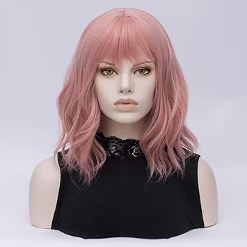Amazon Com Pink Women Cosplay Wig Medium Length Curly Body Wave