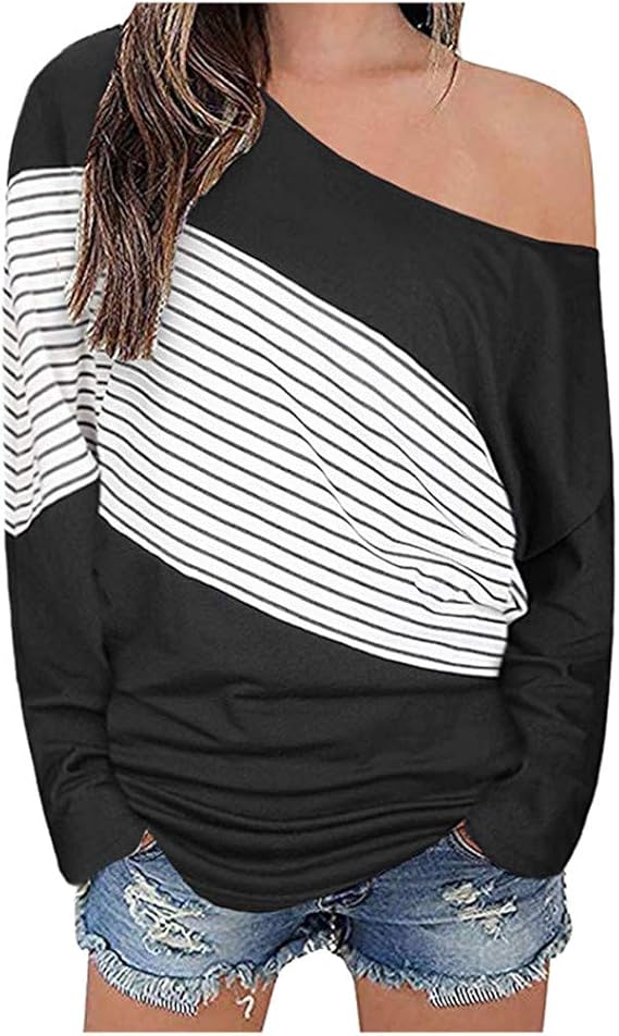 Amazon.com: Women's Long Sleeve Stripe Colorblock Boat Neck Off Shoulder Blouse Loose Top Black 