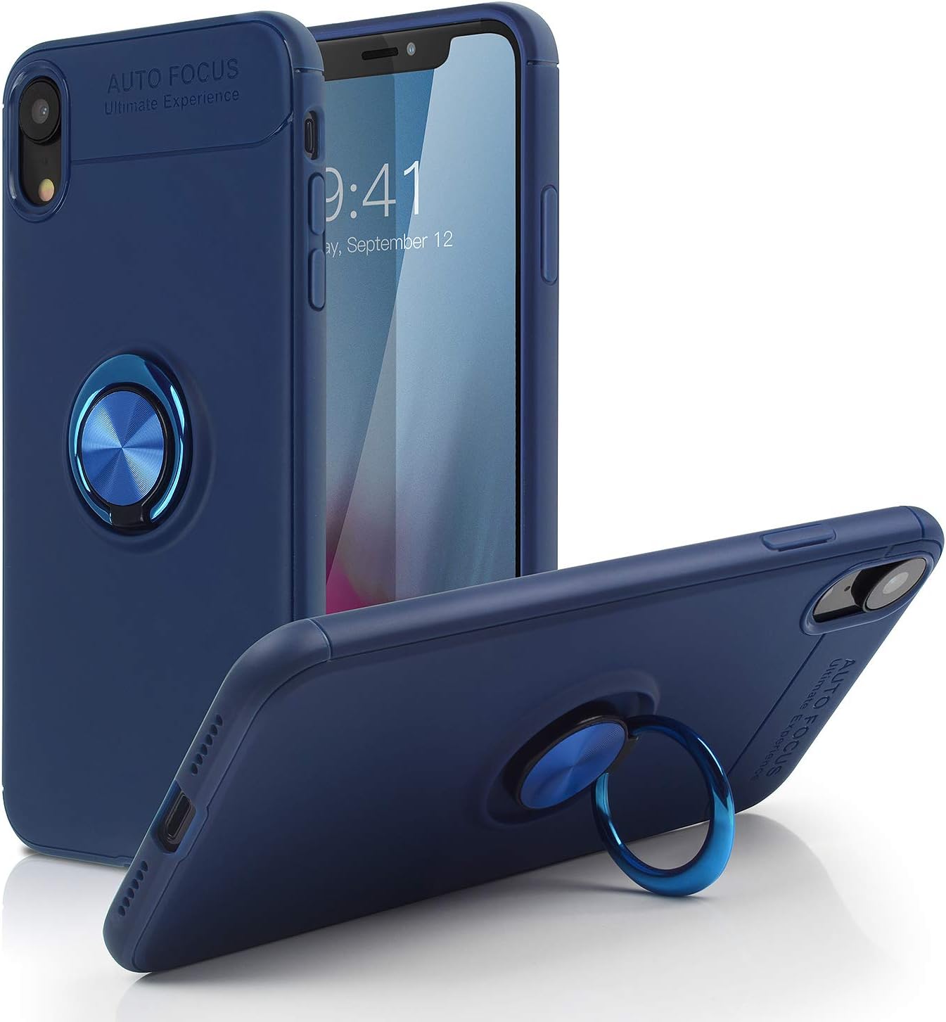 iPhone Xr Case,SQMCase Heavy Duty Durable Soft TPU Protective Case with 360 Degree Rotation Ring Kickstand [Work with Magnetic Car Mount] for Apple iPhone Xr (6.1") - Blue