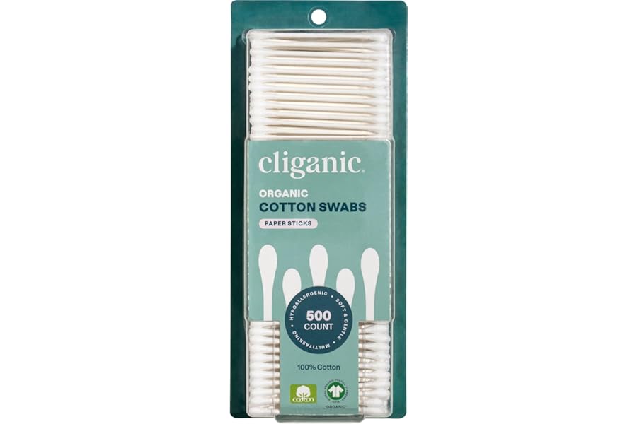Cliganic Organic Cotton Swabs, 500 Count – 100% Pure Natural Cotton, Chlorine-Free Hypoallergenic, Soft, Gentle & Absorbent Buds