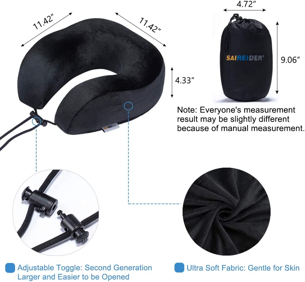 SAIREIDER Travel Neck Pillow for Airplane Sleeping 100% Memory Foam Adjustable Travel Pillows with Storage Bag, Sleep Mask and Earplugs-Prevent The Heads from Falling Forward-Black: Home & Kitchen