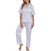 Silk Pajamas for Women Set Short Sleeve Sleepwear Button Down Shirt with Long Pants 2 Piece Striped Soft Pj Set