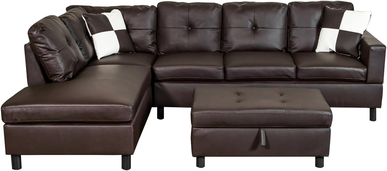 Legend 3 Piece Faux Leather Sectional Sofa Set with Free Storage Ottoman (Left Facing Chaise)