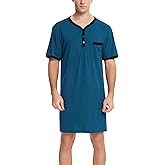 Yukiuiny Men Short Sleeve Nightshirt Knee Length Nightgown Cotton Sleep Shirt Lounge Wear