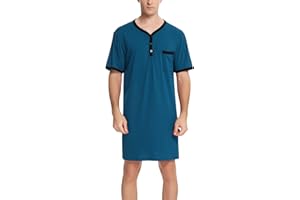 Yukiuiny Men Short Sleeve Nightshirt Knee Length Nightgown Cotton Sleep Shirt Lounge Wear