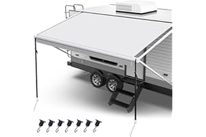 Fonzier 18oz RV Awning Fabric Replacement, Heavy Duty Vinyl, with Awning Tie Down Kits & 7 Awning Hooks & Pull Strap for Trailer Camper Awning- 19'(Fabric 18'2"), White