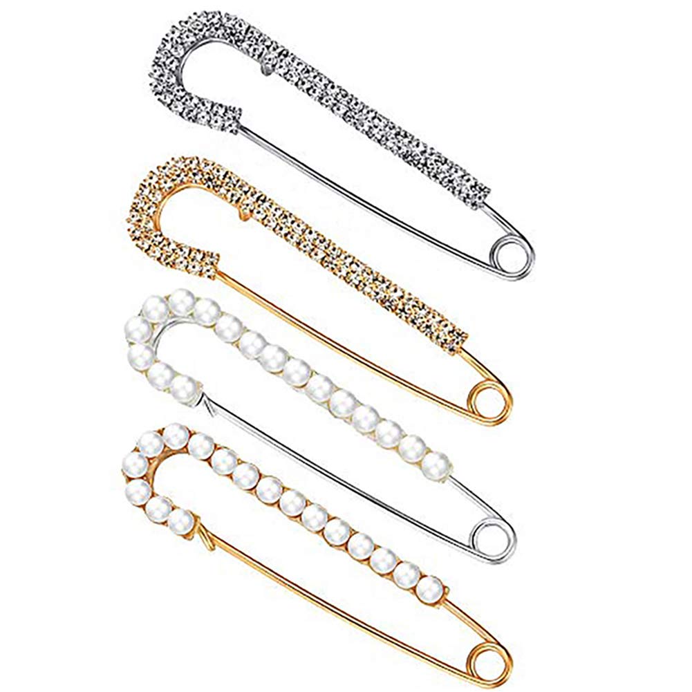 REYOK 4 Pieces Sweater Shawl Clips, Women Brooch Pins Faux Pearl Brooch Pins Cardigan Collar Brooch Clips for Women Girls,2 Styles Gold, Silver