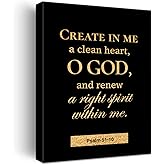 Christian Gold Foil Canvas Wall Art Motivational Psalm 51:10 Create in Me a Clean Heart Print Framed Canvas Painting Artwork Home Decor Gifts 12x15 Inch