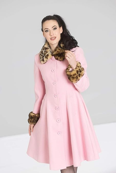 Beautiful swing style coat with leopard print faux fur collar and cuffs (collar is not removable) pink 