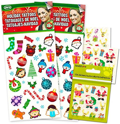 Holiday Christmas Temporary Tattoos and Stickers Set (70 Tattoos and 108 Stickers, Holiday Party Supplies)