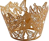 DriewWedding 50PCs Butterfly Pattern Hollow Artistic Bake Cake Cupcake Wrappers Paper Cups Liner for Wedding Birthday Tea Party Baby Shower Food Decoration (Gold)