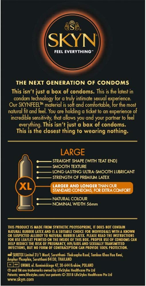 SKYN Large Condoms Pack of 10 SKYNFEEL Latex Free Condoms for Men Extra Large, XL, Thin, Smooth Straight Shape, Lubricated, 56mm Wide - Image 3