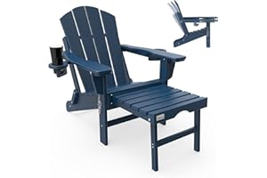 Mdeam 3-Level Adjustable Adirondack Chair with Retractable Ottoman, HDPE All-Weather Folding Fire Pit Chair with 2 Cup Holders, Outdoor Chair for Deck Patio Garden Backyard Lawn (Navy Blue)