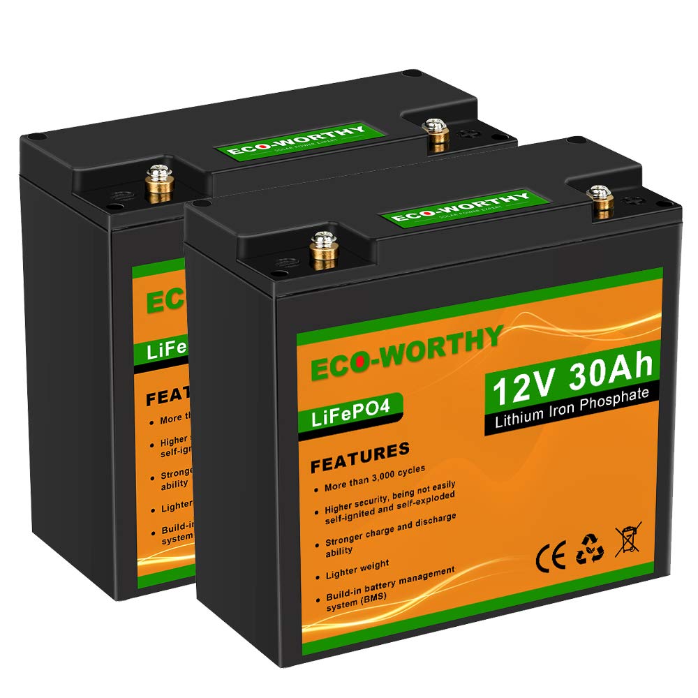 ECO-WORTHY (2 pack) 12V 30Ah LiFePO4 Lithium Iron Deep Cycle Rechargeable Battery with Built-in BMS,