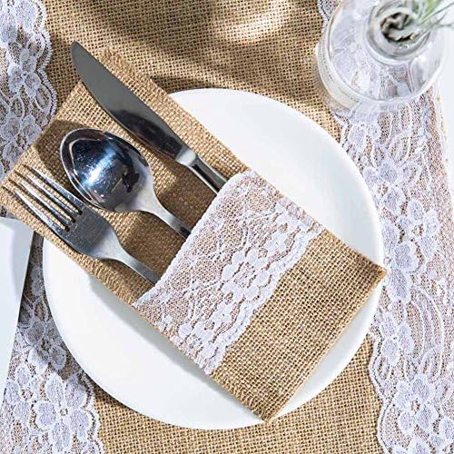 ARKSU Burlap Lace Utensil Holders 200 Packs Silverware Cutlery Pouch Knifes Forks Bag for Vintage Natural Wedding