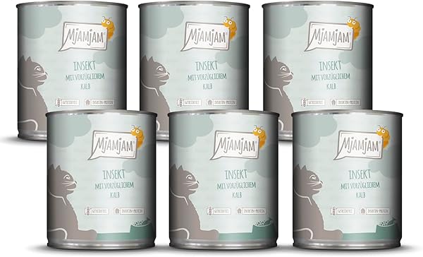 MjAMjAM - Premium Nassfutter für Katzen - Insekt mit vorzüglichem Kalb, 6er Pack (6 x 800 g), getreidefrei mit Insektenprotein