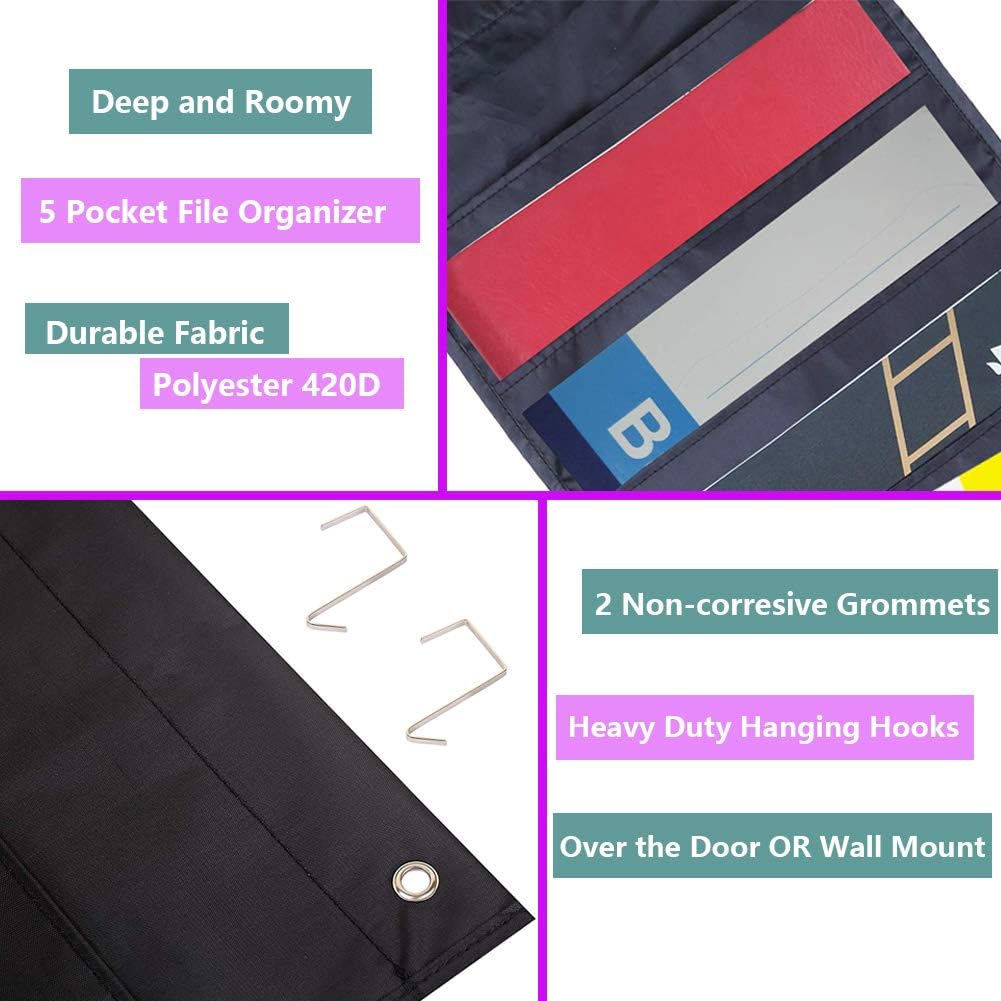 Headif Premium Door Hanging File Organizer, Cascading Wall File Storage Pocket Chart, 5 Pockets Folder Holder & 2 Hangers, Perfect for Classroom Office School and Home Use Organization : Office Products