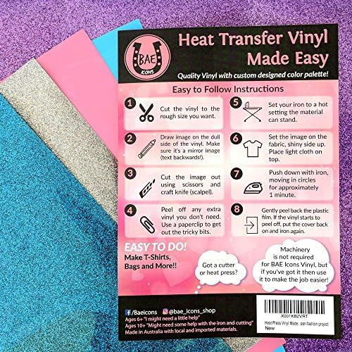 BAE Icons Heat Transfer Vinyl- Glitter Vinyl Colors a for Tweens, Vacation DIY Arts and Craft Project. Party Activities for Girls with Vinyl Glitter Sheets, Adhesive Vinyl. Summer Crafts.