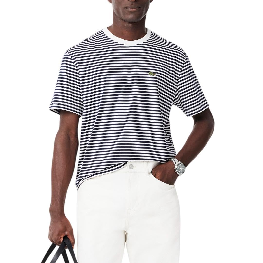 Lacoste Men’s Short Sleeve Classic Fit Stripped Crew Neck Tee Shirt, White/Navy Blue, XL