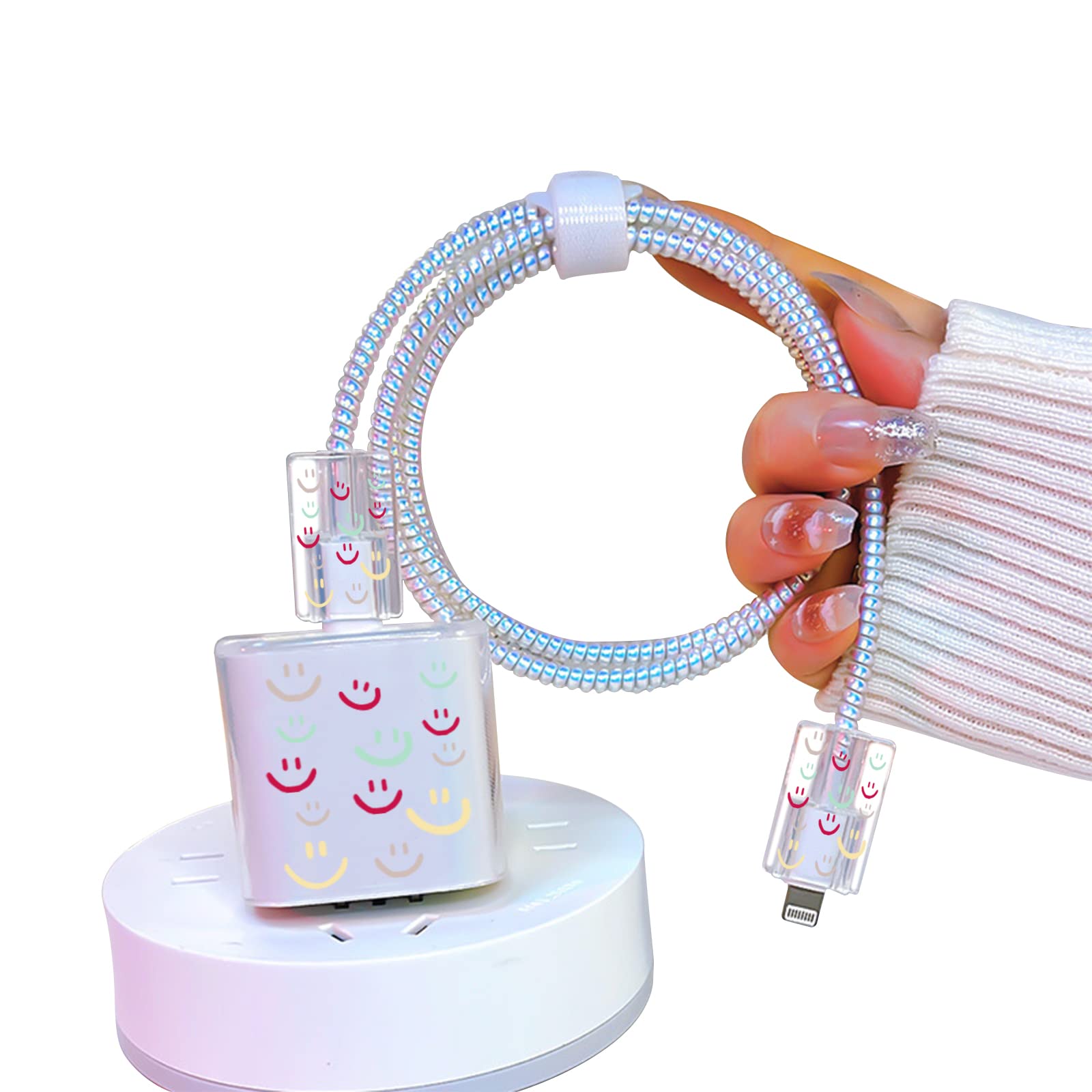 DiyGody Cute Cable Protector for iPhone Charger with Clear Smiley face Design, Soft Data Line Cable USB Wire Saver Charger Protector Compatible for iPhone 7 8 11 12 13 14 Pro Max Plus XR