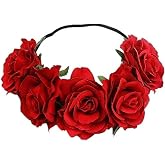DNHCLL Rose Flower Crown, Floral Headpiece for Women and Girls - Red Artificial Rose Hair Wreath with Headband