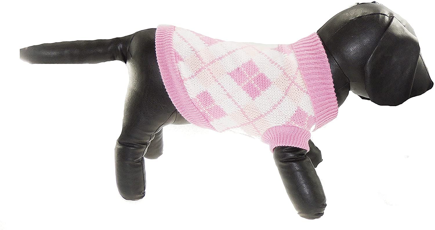SMALL DOG BREED ONLY Cat Girl Boy Cat Argyle Plaid Check Print Knitted Warm Winter Girl Boy Jumper Sweater (Medium, Pink)