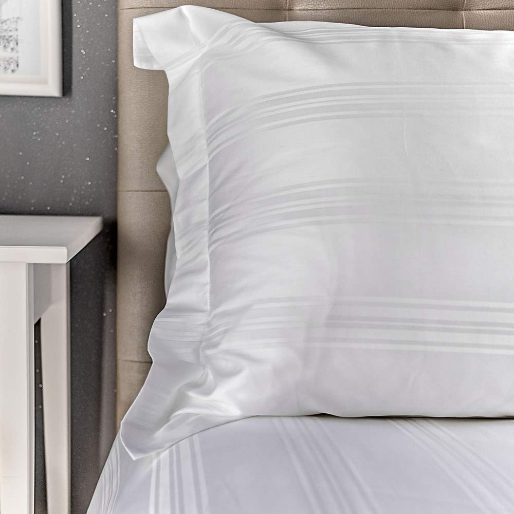 Heathcote - 100% Cotton 300 Thread Count Pillowcase Oxford, 50x75+5 cm, Luxury Bedding Made in Portugal, White, Sateen Stripe, Set of 2