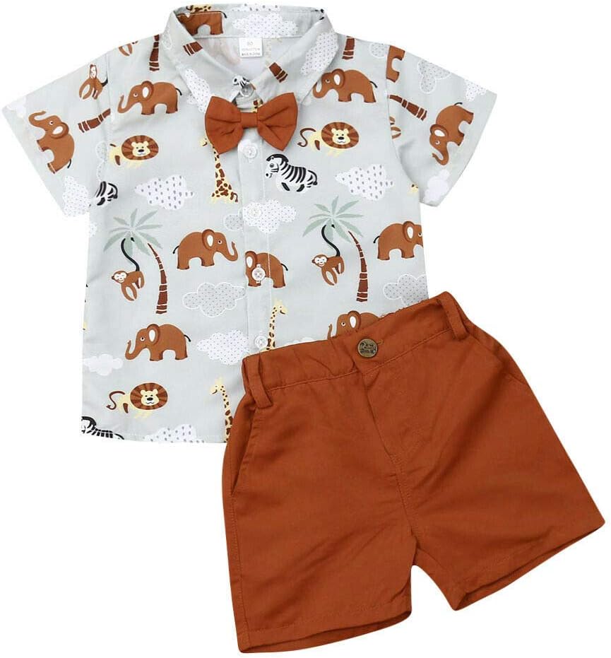 MultitrustLittle Baby Boy Cartoons Print Button Down T Shirt Dress Tops and Shorts Pants Gentlemen Outfit Casual 2pcs Summer Set