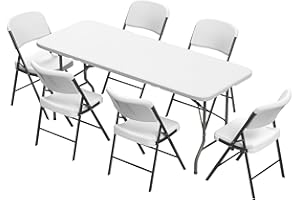Elevon Folding Table Set with 6 White Folding Chairs,6 Feet Heavy Duty Fold-in-Half Utility Table Sets for Picnic, Event, Training, Outdoor Activities, at Home and Commercial Use