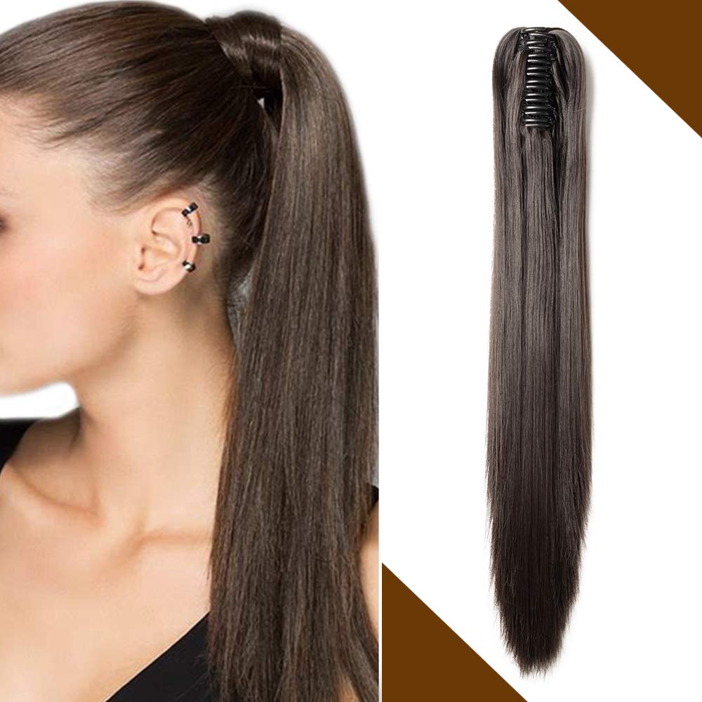 Silk-co Clip in Ponytail Extension Clip in 21 inches Long Straight Wrap around Hair Piece Synthetic Hair for Women (Dark Brown) — image 1