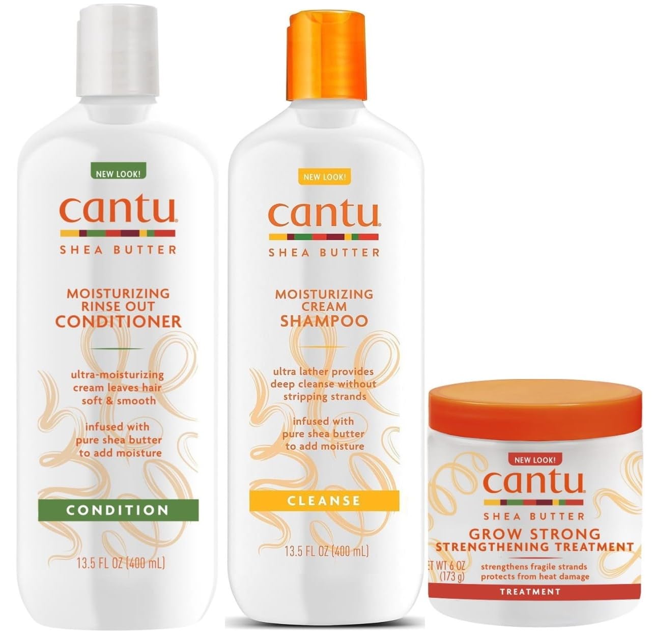 Cantu Hair Care Bundle (3 Pack) Featuring shea Moisturizing Cream Shampoo (1), Moisturizing Rinse Out Conditioner (1) and Grow Strong Strengthening Treatment (1)