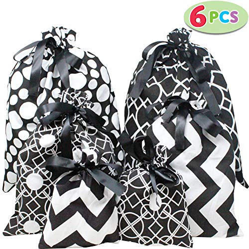 6 PCs Christmas Fabric Gift Bags Black Elegant Color with 3 Sizes for Christmas Season, Holiday Gift Giving, Holiday Presents Décor, Giant Gifts Decorations.