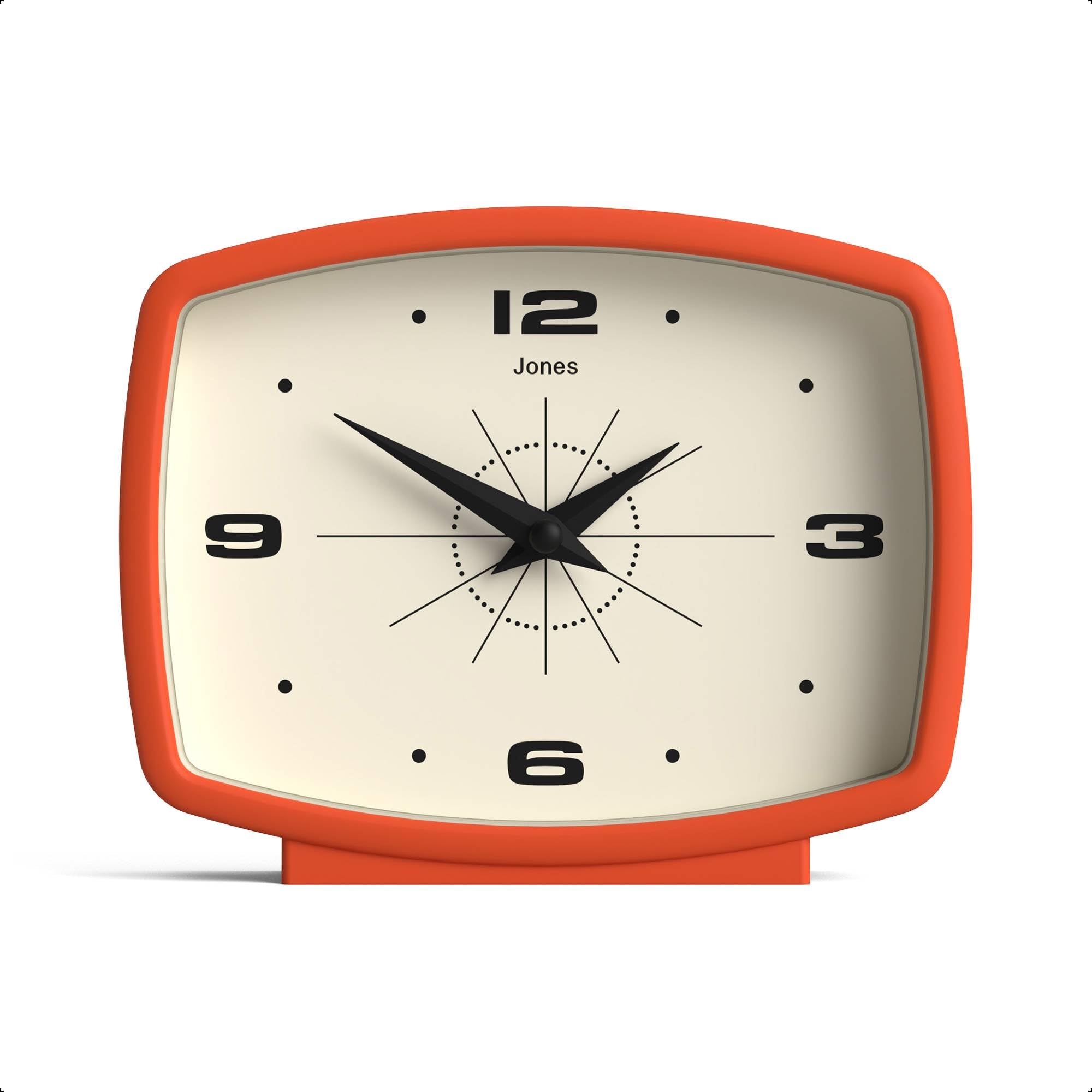 Jones Clocks® Film desk clock | Retro rectangular design | Orange | Retro design, blending mid-century style with a punchy modern finish for shelf, table, mantel or bedside
