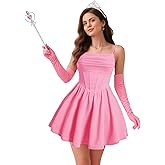 Chicingyou 4 Pcs Women Pink Witch Costume for Adult Halloween Cosplay Outfits Princess Dress with Gloves, Wand, and Crown