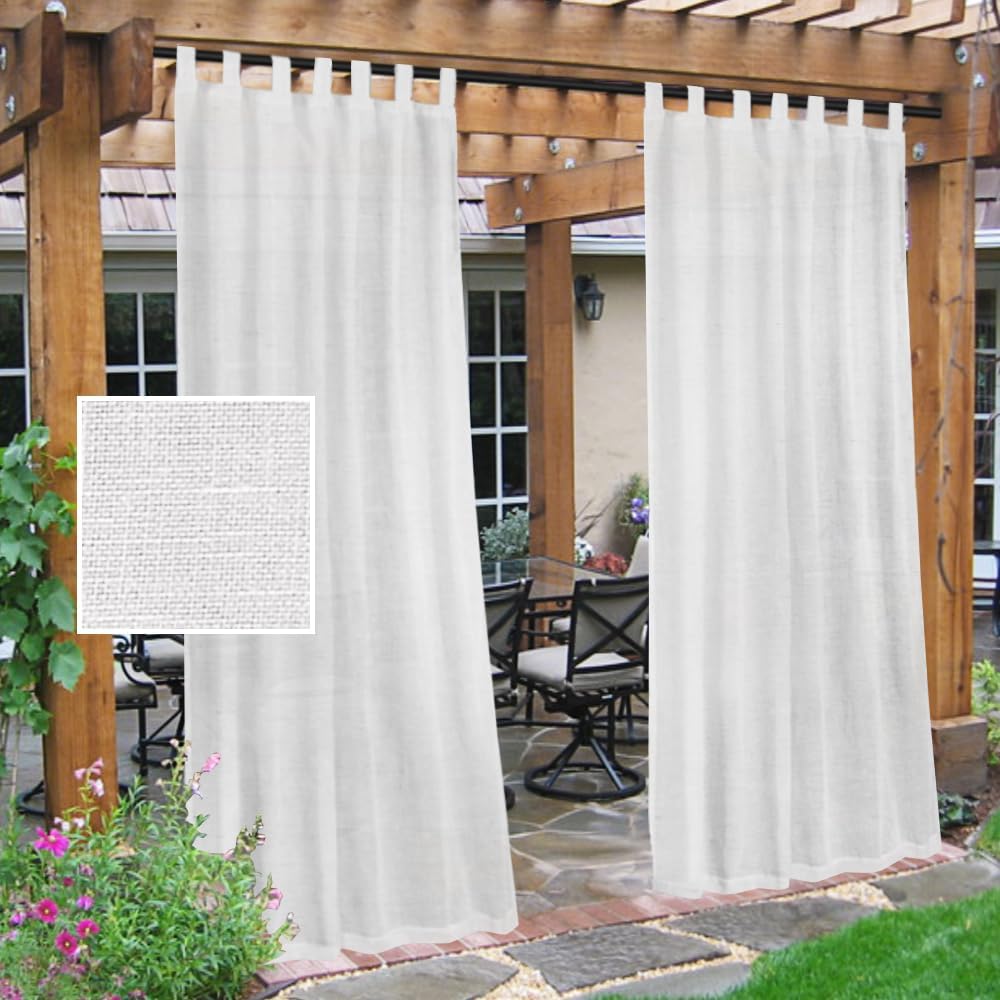 Outdoor Curtains - Outdoor Linen Sheer Curtains for Patio Waterproof - Indoor/Outdoor Divider Privacy Added Light Filtering Porch Decor with Detachable Self-Stick Tab Top for Gazebo/Cabana, White, 2 Pieces, W52 x L84