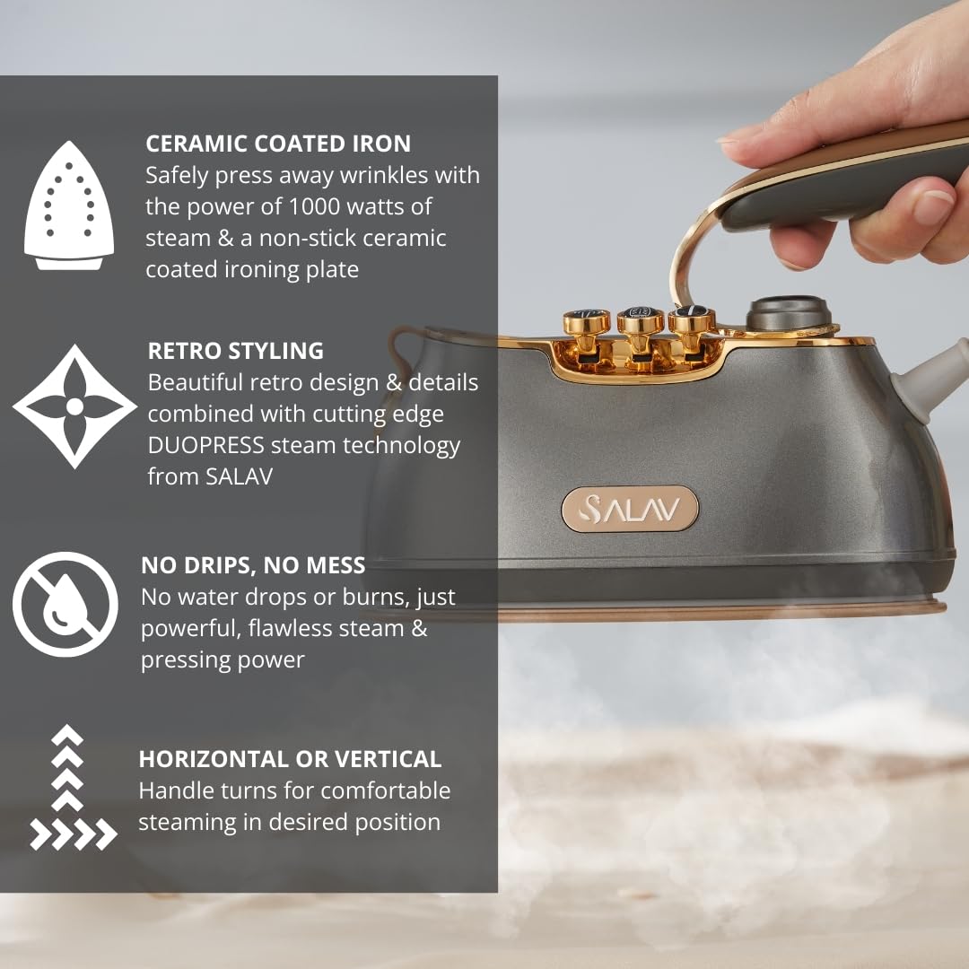 SALAV® Retro Edition Duopress Handheld Garment Steamer and Iron, Ceramic Plate, 1000 watts of Steam, Removes Wrinkles on Clothes, Vintage Style No Drip Steam, Titanium