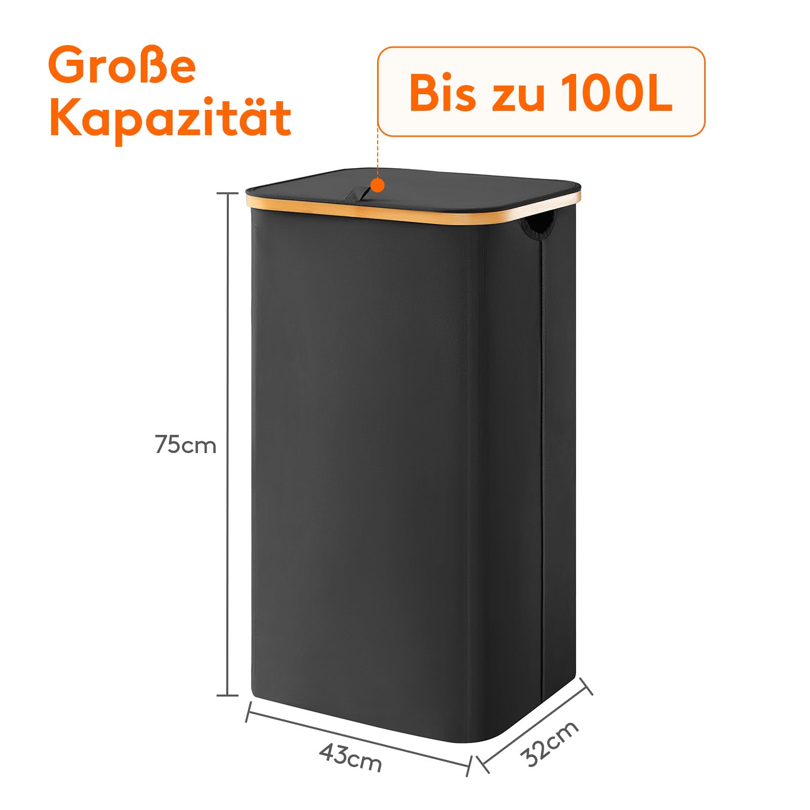 Lifewit 100L Wäschekorb mit Deckel, Wäschekörbe für Wäsche mit Bambus Griffe und Eine Abnehmbare Wäschesack, Große Faltbare Wäschekorb für Schlafzimmer, Bad, Schlafsaal, Waschküche, Schwarz 4