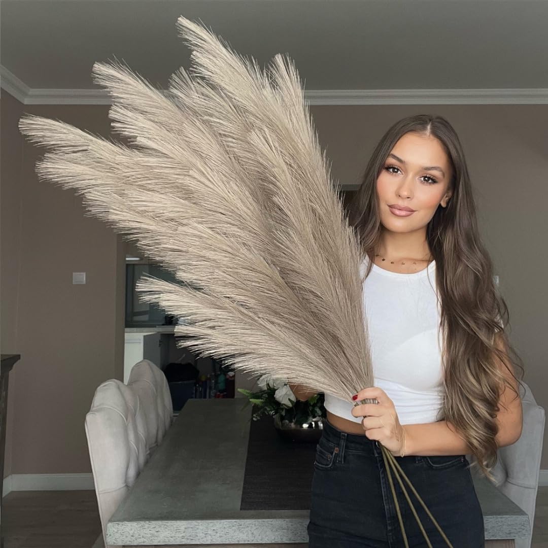 VOULUX Extra Large Tall Taupe Fake Faux Artificial Pampas Grass Large Fluffy x3 115cm Stems x18 Decorative Artificial Flora Feathers For Floor Vases Tall Taupe Plant Flowers Long Pampas Grass