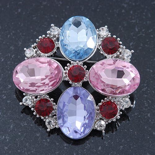 Statement Multicoloured Glass Bead Square Brooch In Rhodium Plating - 45mm Width, silver, red, light blue, purple, pink - Image 3