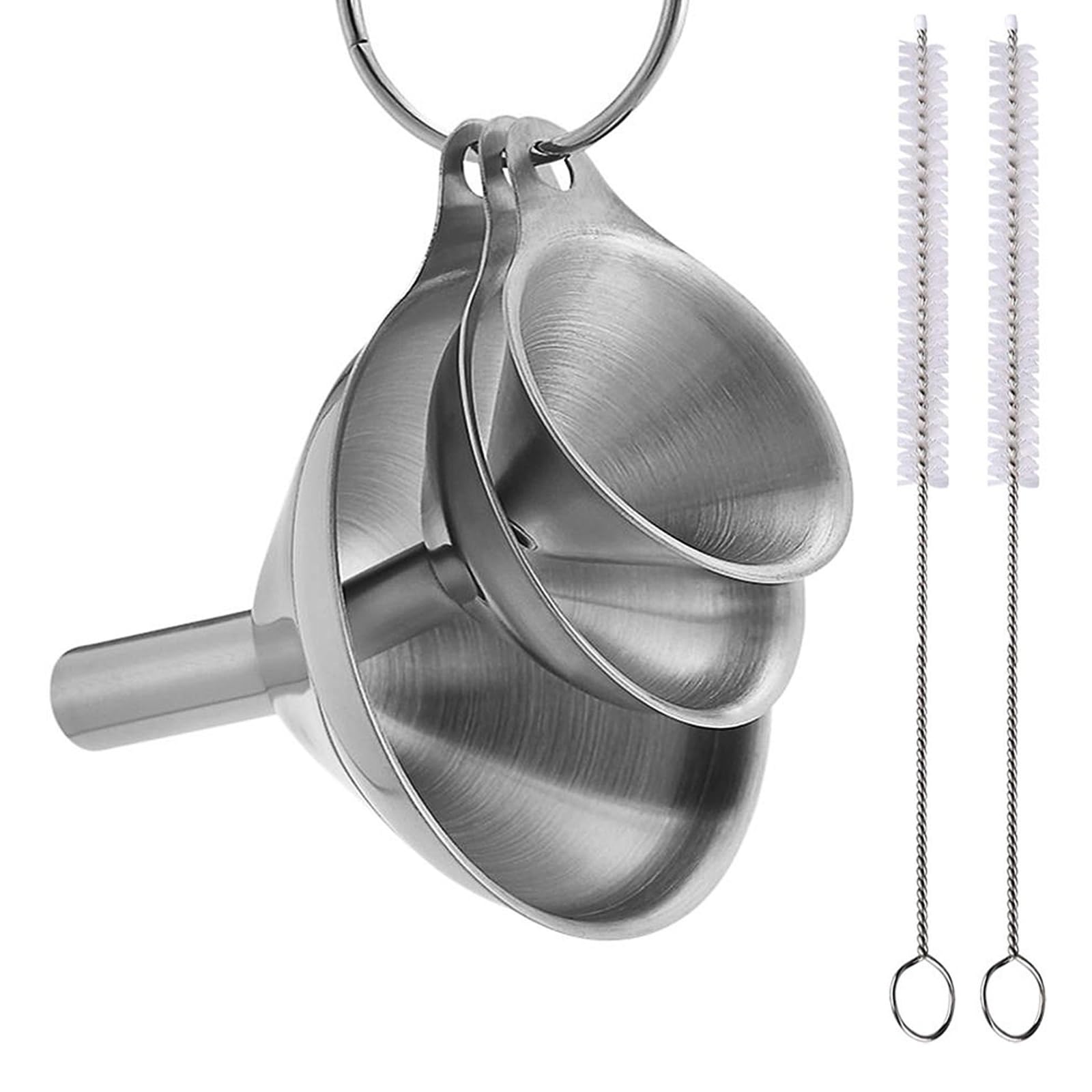 Stainless Steel Funnel, Set of 3 Small Kitchen Funnels with 2 Brushes for Filling Bottles Liquid Dry Ingredients Powder,for Essentail Oil,Spices,Flask,Durable and Dishwasher Safe