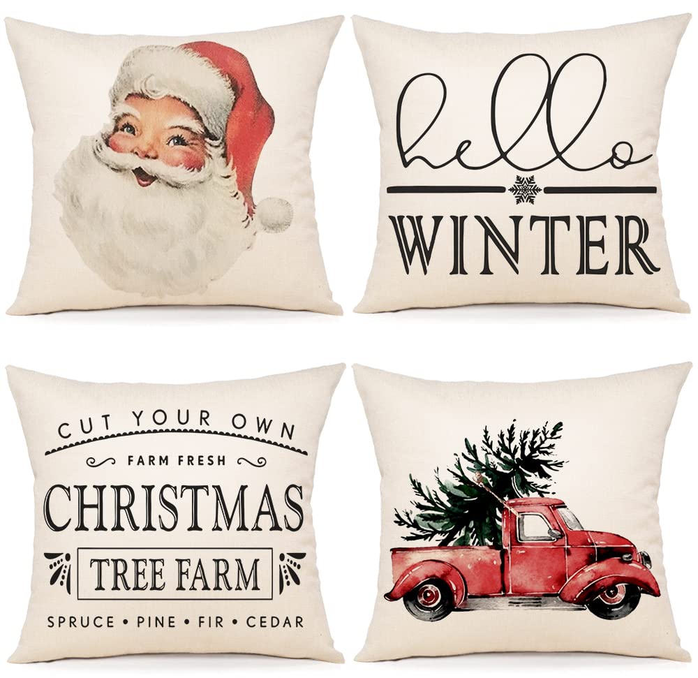YCOLL Father Christmas Cushion Covers 50x50 Set of 4 Pine Trees Reindeer Cushions Linen Pillowcases Sofa Cushions for Christmas Decorations Living Room Winter Xmas Decor — image 1