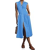 Wenrine Womens Summer Smocked Midi Dress Casual Zipper V Neck Cap Sleeve High Slit Flowy Long Dresses