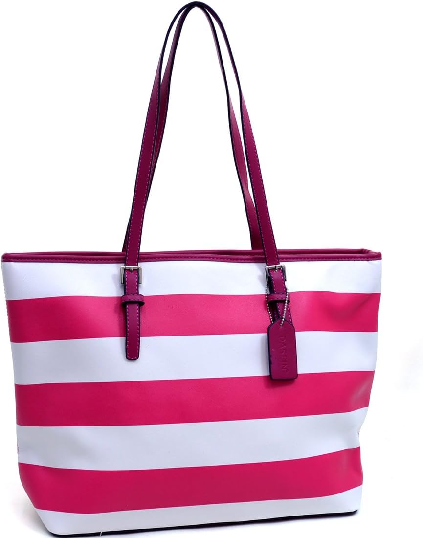 Dasein Preppy Striped Tote Bag (Pink/White)