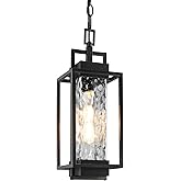 BesLowe 15” Outdoor Pendant Light with LED Bulb, Modern Hanging Lantern Light for Outside with Water Ripple Glass, Black Exte
