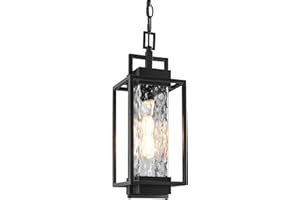 BesLowe 15” Outdoor Pendant Light with LED Bulb, Modern Hanging Lantern Light for Outside with Water Ripple Glass, Black Exterior Pendant Lighting Fixture, Outdoor Chandelier for Front Porch, Gazebo
