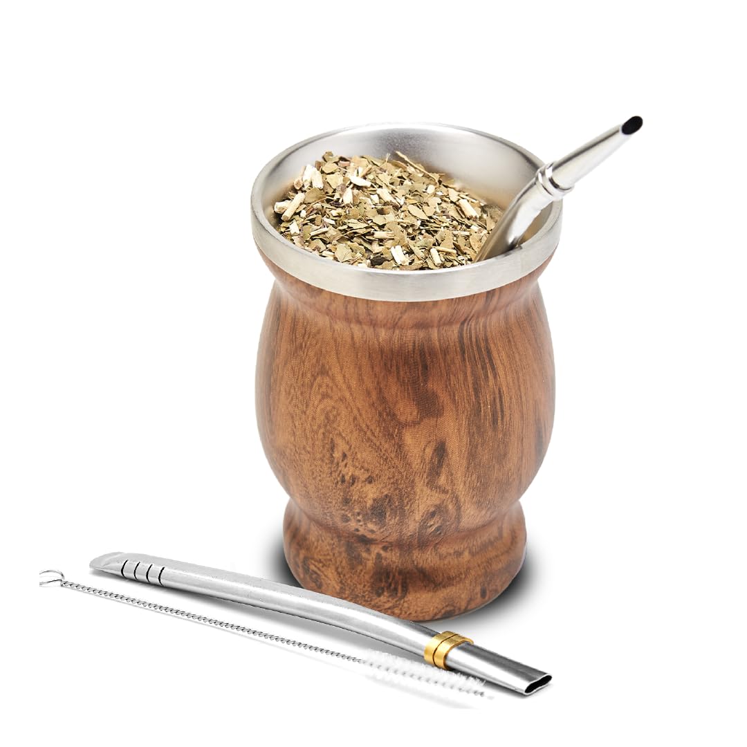 Balibetov Yerba Mate Set - Includes Yerba Mate Cup, Two Bombillas (Straws) and Brush - Stainless Steel Double-Wall | Easy to Clean Wooden Gourd